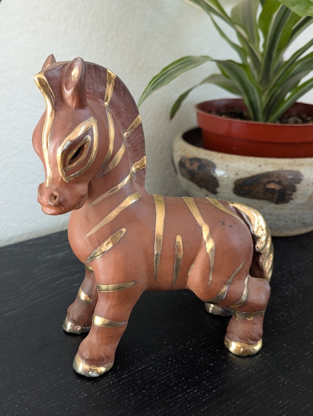 Vintage Wales Japan Zebra Horse Figurine Redware Terracotta Brown Gold MCM 7.5"